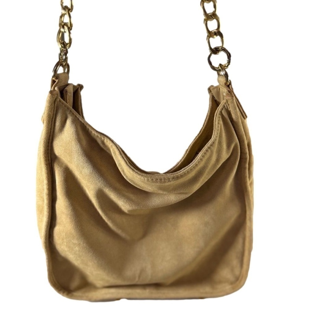 AH DORNED women’s tan brown suede shoulder bag and gold link chain strap